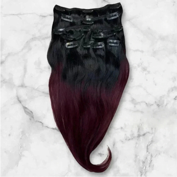 14 Inch Human Hair Clip in Black & Red Balayage - Picture 1 of 5